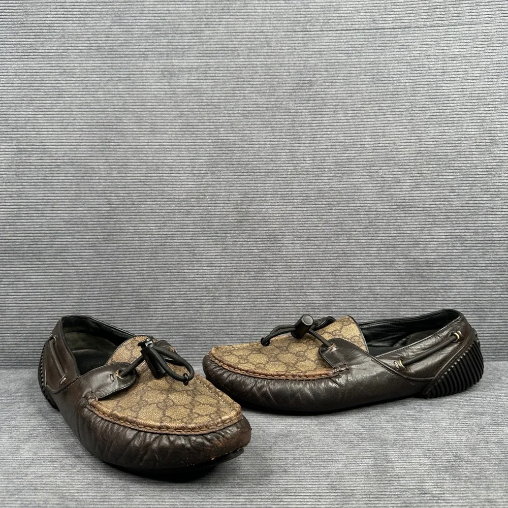 Gucci Mens Brown Leather GG Supreme Monogram Toggle Driving Loafers